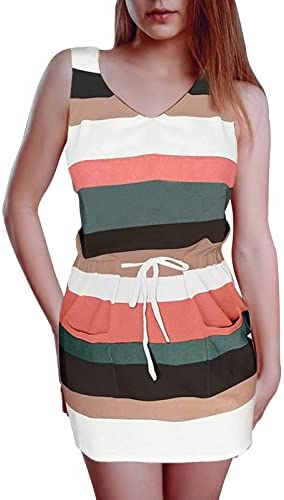 Summer Dresses for Women, Casual Striped Dress V Neck Mini Dress Elastic Waist Belt Swing Dress with Pockets
