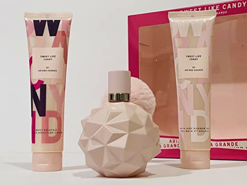Sweet Like Candy By Ariana Grande | 3 Piece Gift Set - 3.4 Oz Eau De Parfum Spray, 3.4 Oz Body Souffle, 3.4 Oz Bath And Shower Gel | Fragrance For Women