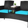 Tangkula Wicker Patio Conversation Furniture Set, Outdoor Furniture Set with Removable Cushions & Table, Tempered Glass Top, Modern Rattan Bench for Garden Lawn Backyard (Turquoise)