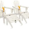 VINGLI Plastic Adirondack Chairs Set of 2 with Ottoman, Folding with Cup Holder, Waterproof HDPE Material, 380lb Weight Capacity for Outdoor Pool Patio Lounge Chair Lawn Furniture Firepit (White)