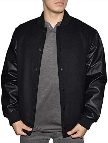 Victory Outfitters Men's Wool Blend Letterman Jacket with Genuine Leather Sleeves