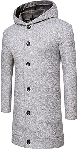WOCACHI Long Wool Coat for Mens, Winter Single Breasted Button Slim Fit Tunic Cardigan Hooded Topcoat Jackets