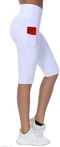 Wjustforu Women Bike Shorts V Cross Waist Knee Length Leggings with Pockets Compression Spandex Capri for Yoga Gym Running