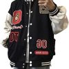 Women Bomber Jacket Oversized Varsity Baseball Jacket Satin Letterman Sweater Vintage Patchwork Pockets Streetwear