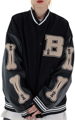 Women Oversized Bomber Jacket Y2k Vintage Long Sleeve Harajuku Baseball Coat E-girl Embroidery Casual Top Streetwear