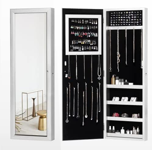 YOLENY Lockable Jewelry Cabinet Armoire, Wall-Mounted Storage Organizer with Full-Length Mirror, Door-Mounted, Large Capacity Dressing Mirror Makeup Jewelry Armoire, White Wood Grain Coated