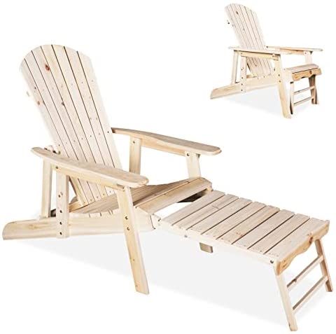 kdgarden Wood Adjustable Adirondack Chair with Pull-Out Ottoman, Cedar/Fir Log Fire Pit Chair Outdoor Fanback Lounge Furniture for Patio Lawn Garden Backyard Beach Porch Balcony, Natural Finish