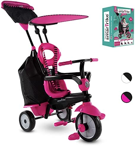 smarTrike Vanilla Plus 4 in 1 Adjustable Baby and Toddler Tricycle Push Bike with Canopy for Ages 15 Months to 3 Years, Pink