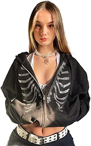 Women Zip Up Hoodie Rhinestone Skeleton Goth Clothes Vintage Oversized Sweatshirt Print Jacket Streetwear Coat