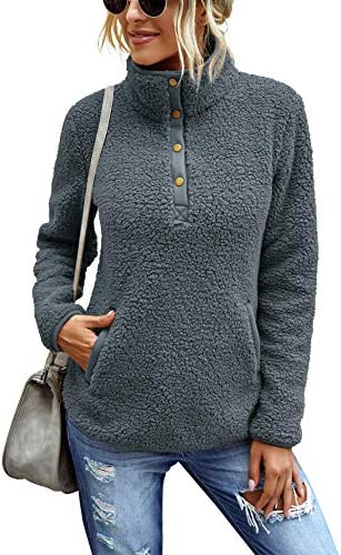 AKEWEI Women Faux Fleece Sweatshirt Fuzzy Button Pullover Coat with Pocket