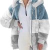 Womens Winter Coats Warm Sherpa Plush Hooded Jacket Plus Size Loose Zip Up Outwear Color Block Drawstring Tops