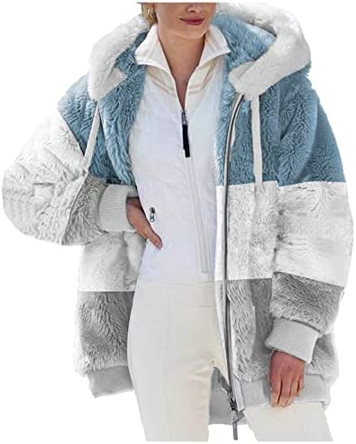 Womens Winter Coats Warm Sherpa Plush Hooded Jacket Plus Size Loose Zip Up Outwear Color Block Drawstring Tops