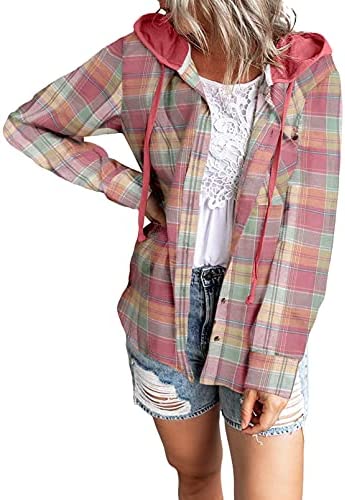 KIRUNDO Women's Long Sleeve Plaid Hoodies Jacket Shirts Casual Loose Button Down Shacket Jacket Coat Blouse Tops