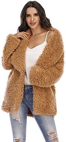Women's Fuzzy Fleece Lapel Open Front Outwear Fashion Faux Fur Winter Warm Cardigan Jackets Coat with Pockets