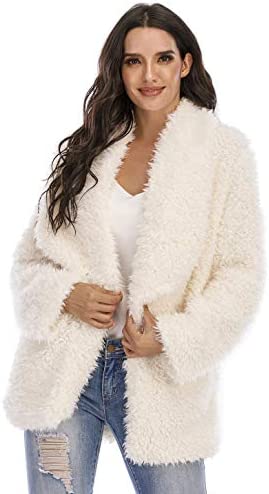 Women's Fuzzy Fleece Jacket Lapel Open Front Long Jackets Faux Fur Warm Winter Cardigan Coat Outerwear with Pockets
