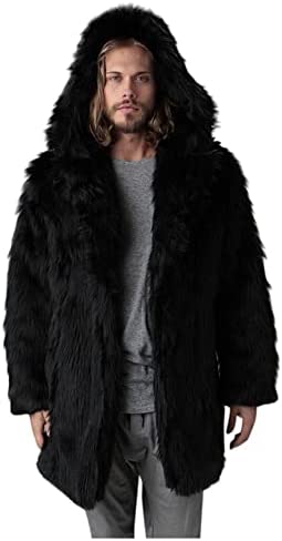 Mens Jackets, Men's Fashion Faux Fur Trench Coat Jacket Parka Thicker Winter Warm Long Hooded Furry Outwear Coat Cardigan