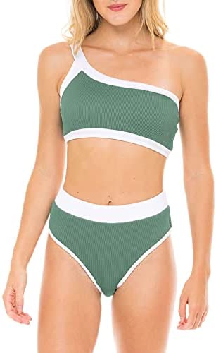 Aleumdr Womens Cute High Waisted Two Pieces Color Block Print One Shoulder Bikini Bathing Suit