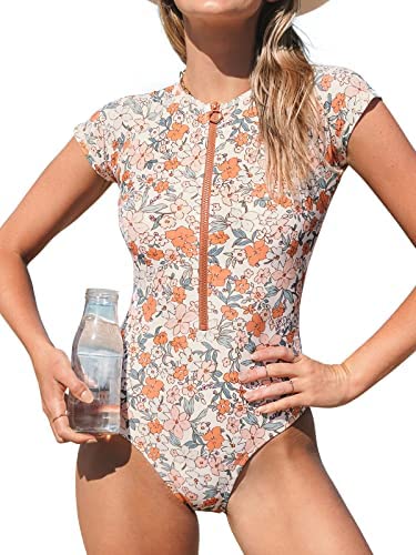 CUPSHE One Piece Swimsuit for Women High Neck Zipper Short Sleeve Bathing Suit