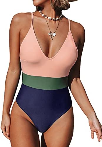 CUPSHE One Piece Swimsuit for Women Bathing Suits Deep V Neck Cross Back Tie Color Block