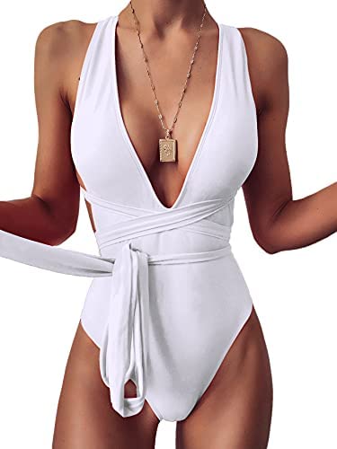 Romwe Women's Deep V One Piece Swimsuit Criss Cross Knot Front Monokini Bathing Suit