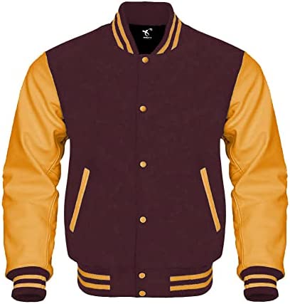 Letterman Baseball Bomber Varsity Jacket Gold Leather Sleeves Multi Wool Colors Jackets (XS, Maroon/Gold), AD-223
