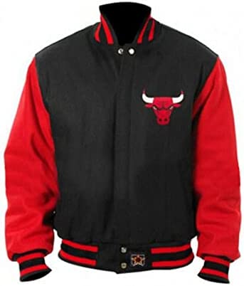 Men’s Chicago Vintage Bomber Leather Jacket. Letterman Baseball Varsity Black and Red Bull Jacket.