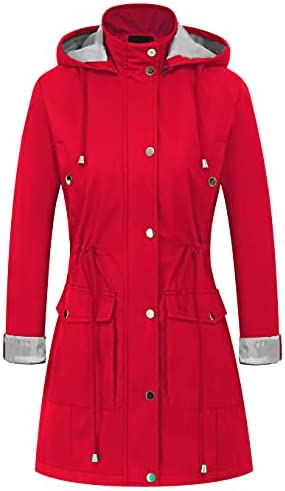 CREATMO US Women's Plus Size Water-Resistant Trench Coat Long Windbreaker Military Jacket with Reflective Removable Hood