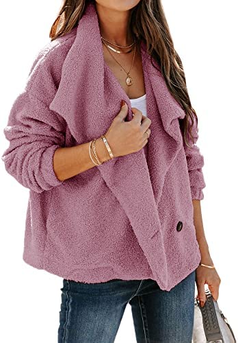FSHAOES Women Coat Fleece Fuzzy Jacket Side Pocket Draped Neck Long Sleeve Oversized Outwear