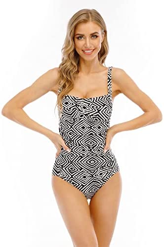Tiamo One Piece Bathing Suit for Women Retro Slimming Ruched Adjustable Shoulder Strap Tummy Control
