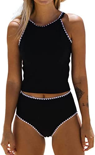 Beachsissi Women Cute White Trim Bathing Suit Swimwear Round Neck Tankini Set, Black