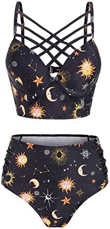 JMSUN Summer Women's Sun Star Moon Lattice High Waisted Tankini Swimsuit