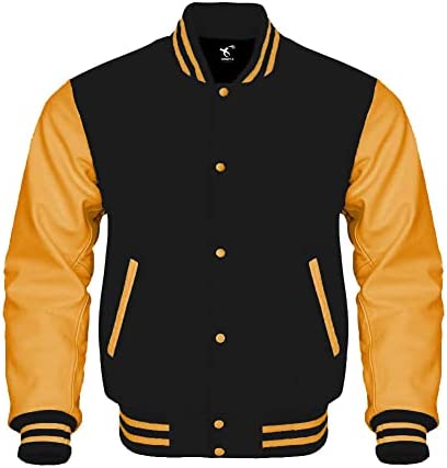 Letterman Baseball Bomber Varsity Jacket Gold Leather Sleeves Multi Wool Colors Jackets (L, Black/Gold) (AD-223)