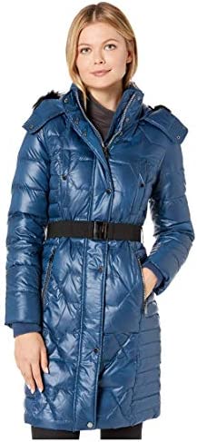 Marc New York by Andrew Marc Women's Plymouth Belted Down Jacket with Faux Fur Removable Hood