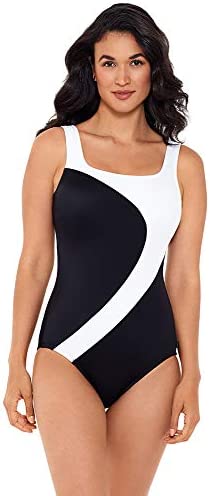 Reebok Women's Swimwear Colorblock Scoop Neck Soft Cup One Piece Swimsuit, Black/White, 14