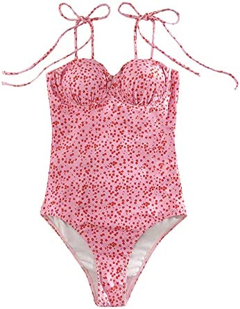 Romwe Women's Cute Floral Print One Piece Swimsuit Ruched Bust Tie Strap Bathing Suit