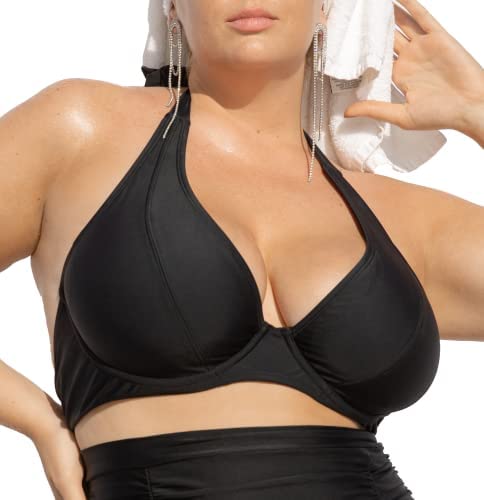 SHAPERMINT Black Halter Underwire Bikini Swim Top - Small to Plus Size Swimsuit for Women