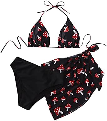 SOLY HUX Women's Plus Size Cute Print Halter Triangle Bikini with Cover Up Beach Skirt 3 Piece Swimsuits