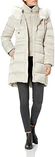 T Tahari Women's Fitted Puffer Jacket with Bib and Faux Fur Trimmed Hood