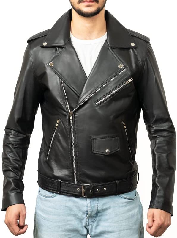 TLC leather biker jacket men - Black men's biker jacket with Notch Lapel Collar and Zipper Cuff