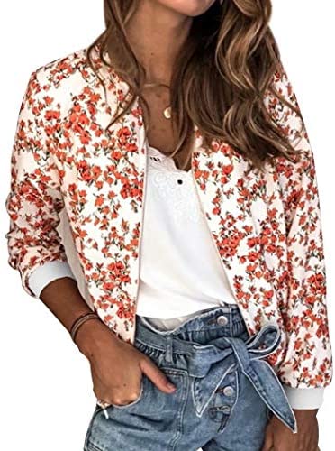 Womens Casual Floral Jackets Lightweight Zip Up Inspired Bomber Jacket Stand Collar Baseball Jackets Outwear