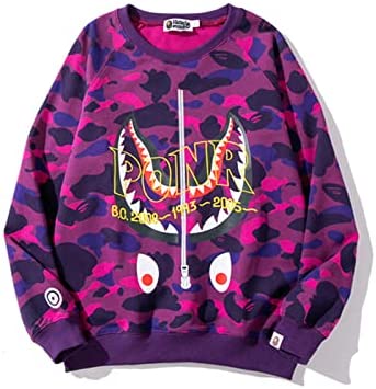 XNCHF Bape Men Shark Sweater, Camouflage Pullover Crew Neck Long Sleeve Sweatshirt Hip Hop Casual Loose Zip Hoodie Jacket,Purple,M